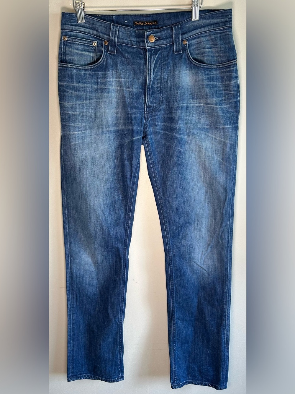 Nudie Jeans Mens Thin Finn Blue Selvedge Denim Fits 32x33 Organic Cotton Zip Fly